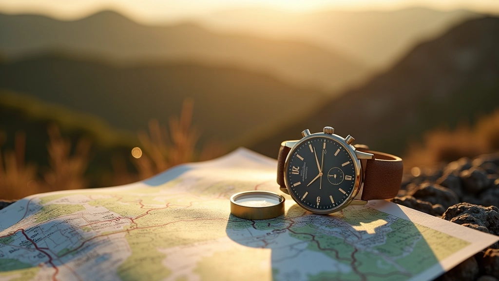 Orologio analogico su una carta escursionistica, pianificazione del tempo per il trekking