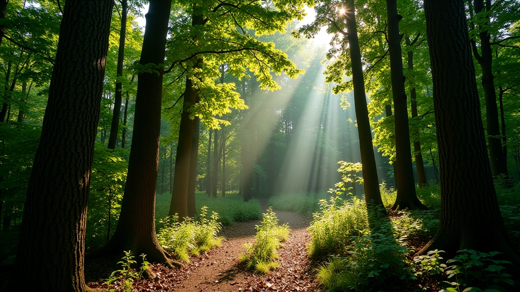 Alberi di castagno in una foresta, luce del sole che filtra tra le foglie, ambiente fresco e ombreggiato
