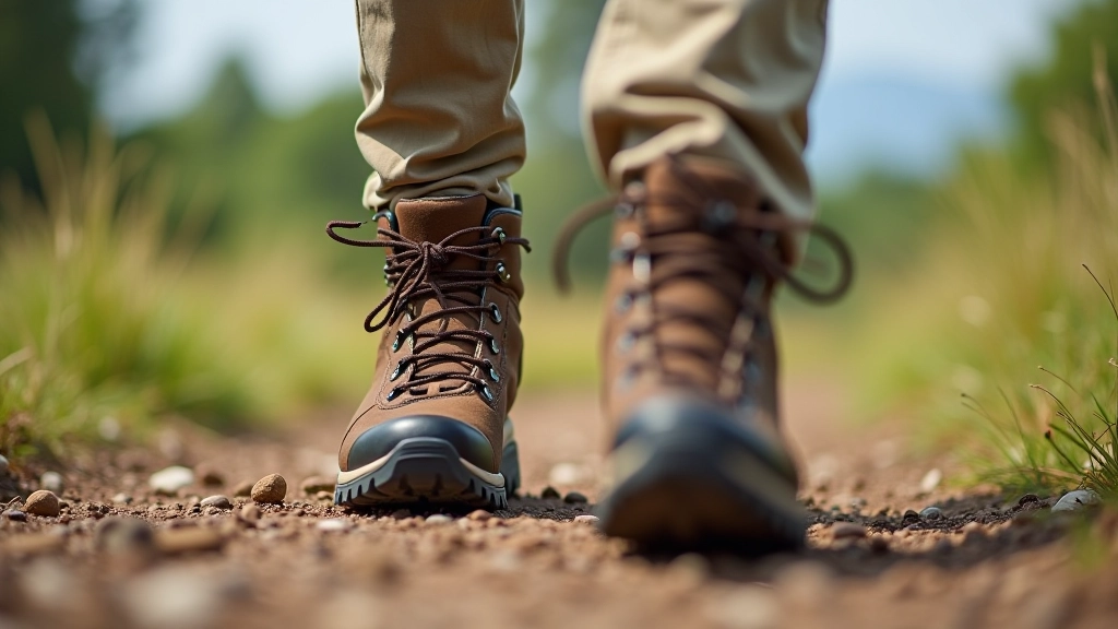 Scarpe da trekking impermeabili su un sentiero con dettagli di comfort e supporto della caviglia ben visibili