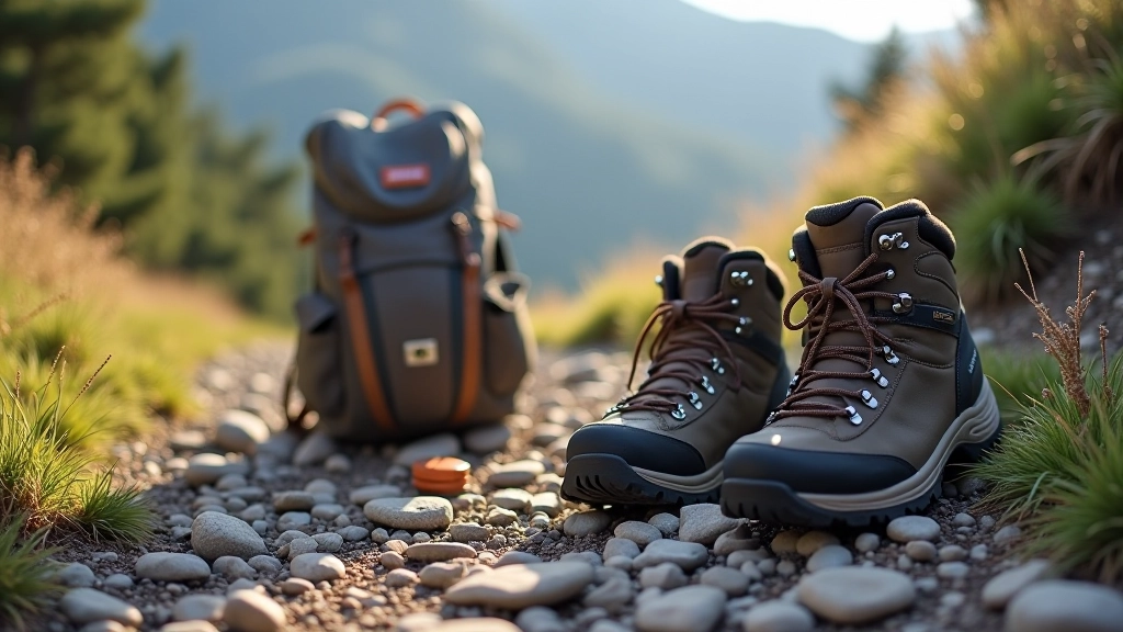 Scarpe da trekking su un sentiero di roccia, zaino e borraccia accanto, preparazione per escursione