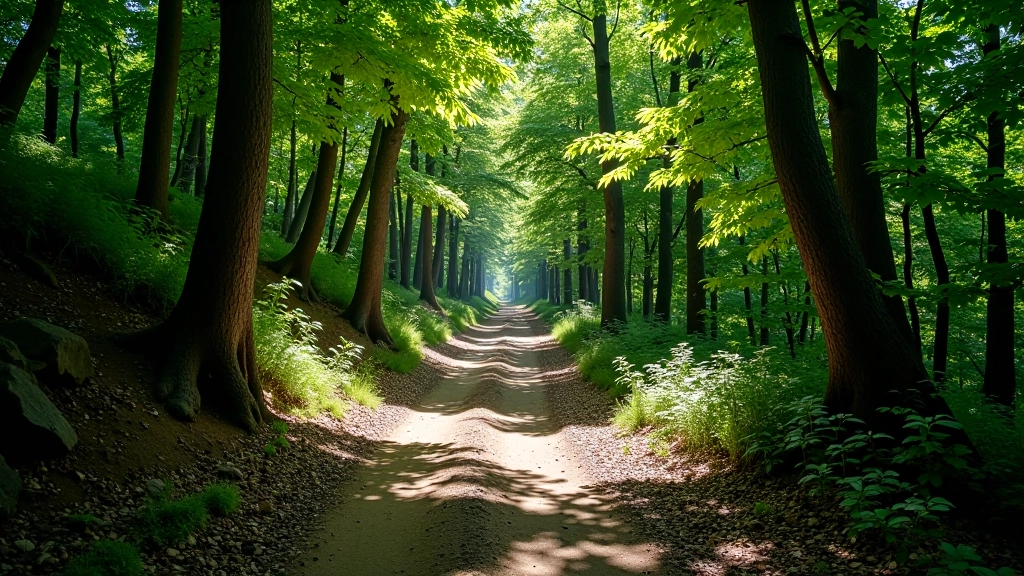 Sentiero di montagna ombreggiato circondato da alberi di castagno, terreno piano e ben calpestato