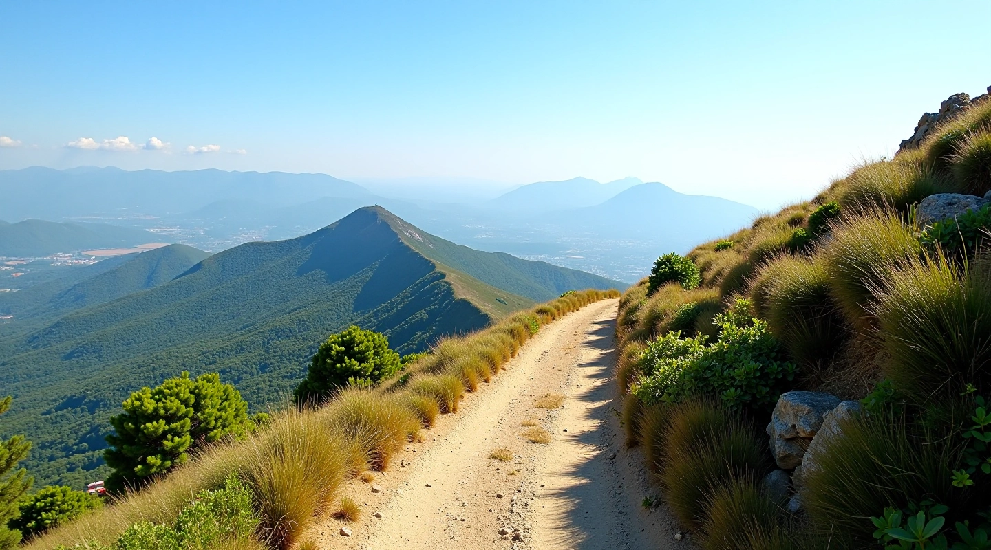 Sentiero di montagna con vista sul cratere vulcanico, alberi verdi ai lati, cielo azzurro