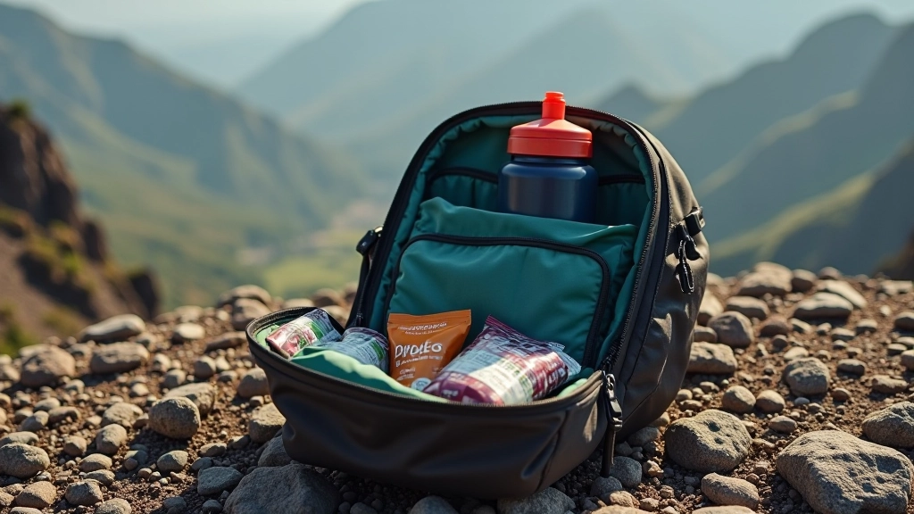 Zaino da escursionismo ben organizzato con borraccia, snack e attrezzatura da trekking su sfondo di roccia naturale