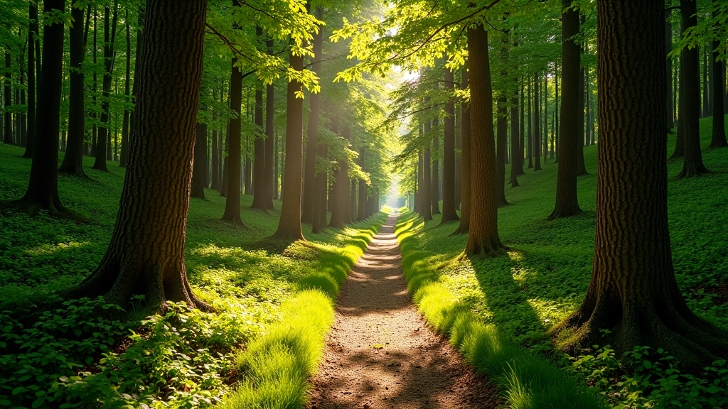 Sentiero tranquillo attraverso i castagneti con luce solare filtrata dagli alberi