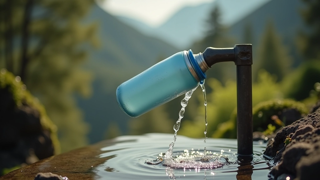 Bottiglia d'acqua riempita da una fonte naturale lungo il sentiero escursionistico