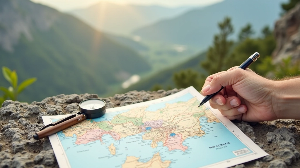 Mappa topografica dei Campi Flegrei con punti di interesse, bussola e penna sulla carta