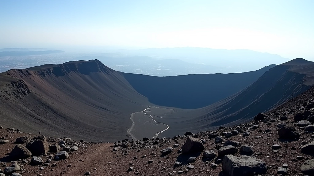Panorama dal sentiero con vista sul cratere vulcanico, rocce scure in primo piano, orizzonte ampio