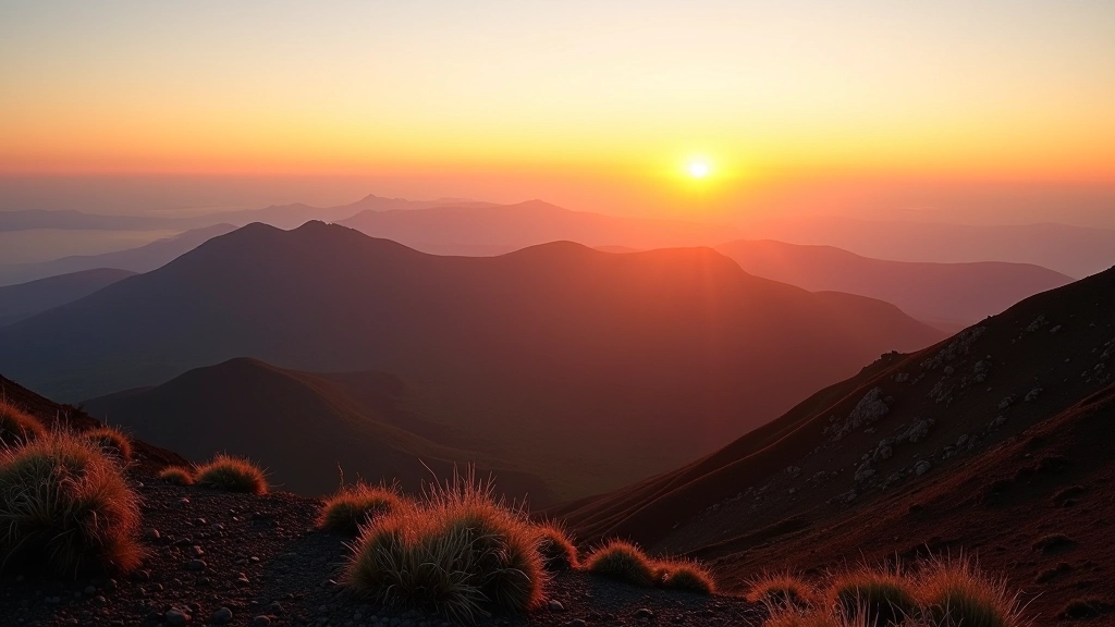 Veduta panoramica del cratere vulcanico al tramonto