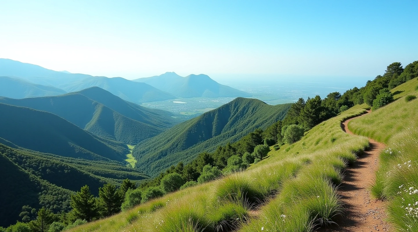 Vista panoramica del cratere vulcanico dei Campi Flegrei con vegetazione verde e cielo azzurro