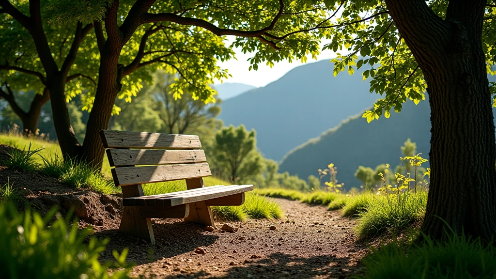 Panchina di legno all'ombra sotto alberi di castagno, area di sosta lungo il sentiero escursionistico